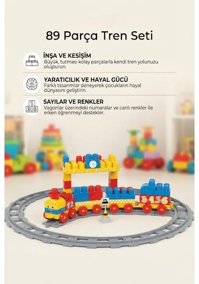 Eğitici 89 Parça Tren Seti Ve Blokları Hayal Gücü Ve Beceri Geliştirici Renkli Oyuncak Tren Seti