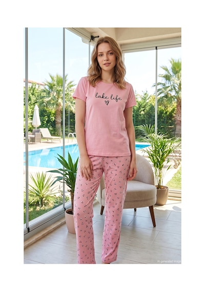 Remsa Kadın Kiraz Desen Kısa Kol Milan Kumaş Pijama Takımı 027 Şeker Pembe
