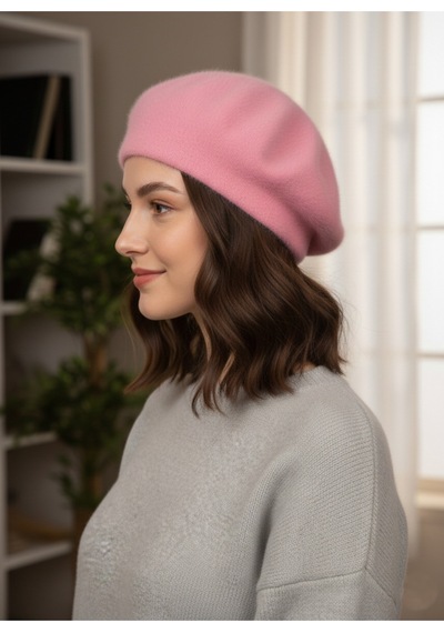 Derikem Fransız Tüylü Peluş Ressam Bere Kadın Şapka Pembe