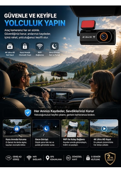 Tr 4k Ultra Hd Mini Ön Ve Arka Araç Kamerası, 64gb Hafıza Kartlı, Wifi, Gps, Gece Görüşlü