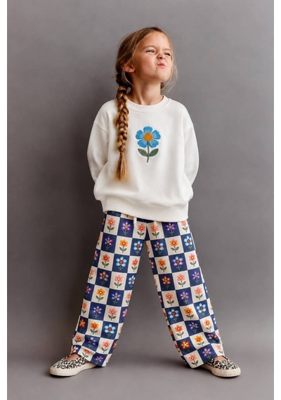 Cg Kids Çiçek Nakışlı Sweatshirt Ve Desenli Eşofman Kız Çocuk Alt Üst Takım Beyaz