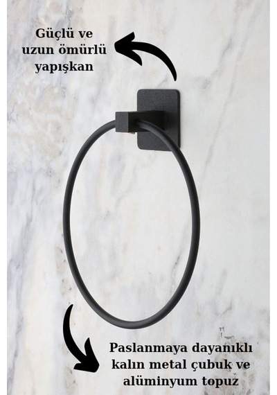 Kendinden Kare Yapışkanlı Siyah Yuvarlak Metal Havluluk Banyo Askısı Siyah Diğer