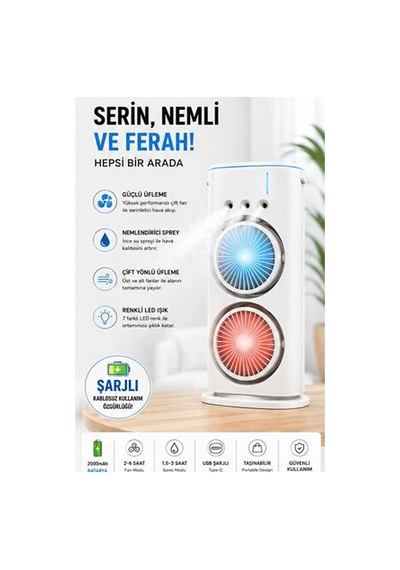 Çift Başlıklı Sprey Fan Nemlendirici Ve Renkli Led Işıklı Beyaz Evimdeyokyok