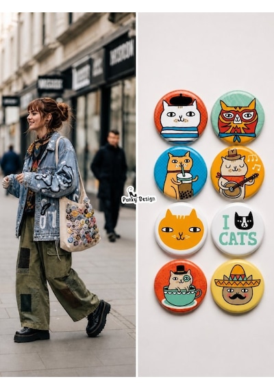 8'li Set-8 Kedi Temalı Rozet Seti Sevimli Renkli Cat Desenli Kawaii Broş Pin Çok Renkli