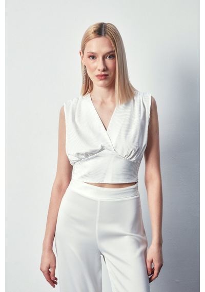 Sateen Kruvaze Desenli Saten Bluz - Ekru