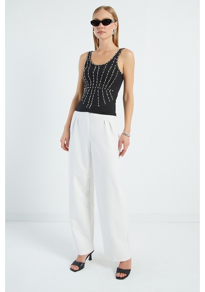 Fullamoda Taş İşlemeli Kalın Askılı Slim Fit Bluz Siyah