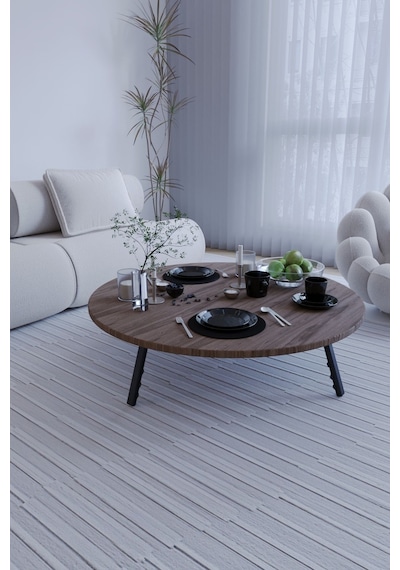 Kozalak Yuvarlak Katlanabilir Ayaklı Şık Yer Sofrası Ceviz 60 Cm