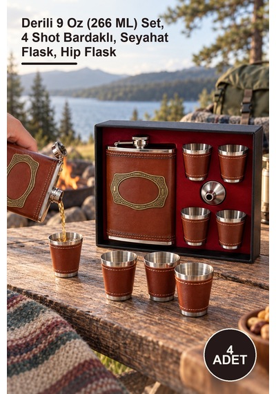 4 Adet Matara Derili 9 Oz 266 Ml Set, 4 Shot Bardaklı, Seyahat Flask, Hip Flask Sarı