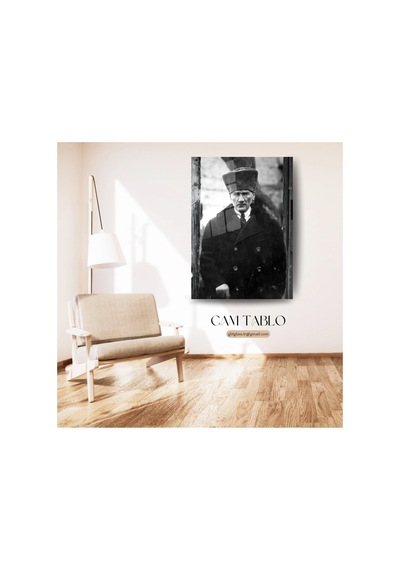 Gazi Mustafa Kemal Atatürk Eski Dönem Fotoğrafı Siyah Beyaz Cam Tablo Atatürk Temalı Dekoratif Duvar Tablosu, Salon, Ofis Ve Çalışma Alanı Dekoru,