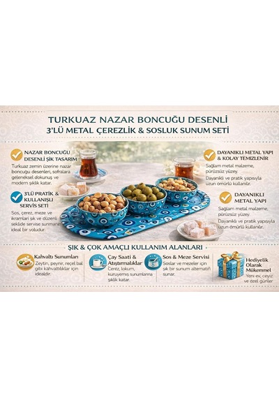Turkuaz Nazar Boncuğu Desenli 3 Lü Metal Çerezlik Ve Sosluk Sunum Seti, Dayanıklı Baskılı Servis Tepsili Kahvaltılık, Atıştırmalık Ve Lokumluk Kase Takımı, Modern Dekoratif Sofra Sunum Ürünü Diğer Turkuaz Nazar Boncuğu Desenli 3 Lü Metal Çerezlik Ve Sosluk Sunum Seti, Dayanıklı Baskılı Servis Tepsili Kahvaltılık, Atıştırmalık Ve Lokumluk Kase Takımı, Modern Dekoratif Sofra Sunum Ürünü Diğer
