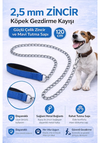 Zincir Köpek Gezdirme Kayışı Dayanıklı Çelik &amp Ergonomik Tutma Saplı 2,5 Mm-120 Cm Mavi