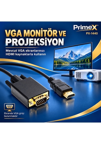 Primex Px-1440 1.8 Metre Hdmı To Vga Görüntü Kablosu, Hdmı Çıkıştan Vga Monitör Projeksiyona Dönüştürücü, Pc Laptop Ps5 Xbox Uyumlu, Full Hd, Tek Yönlü