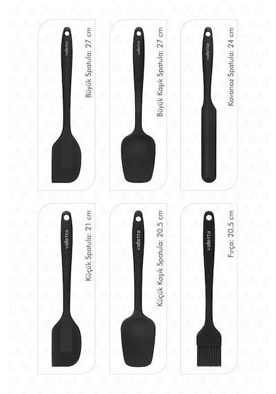 6 Lı Silikon Mutfak Seti Kaşık , Spatula , Fırça Ve Sıyırma Spatulası Isıya Dayanıklı Siyah