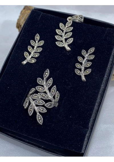 Yaprak Tasarımlı Gümüş Kadın Set Gümüş