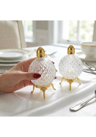 2 Li İnci Kristal Model Gold Renk Metal Ayaklı Cam Tuzluk Takımı Gold