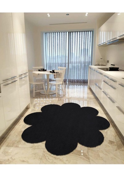 Balat Halı Dekoratif Siyah Kaymaz Taban Peluş Papatya Halı Siyah