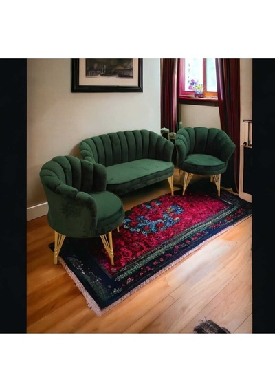 Yeşil Renk Döşemeli Metal Ayaklı Papatya Çay Koltuk Takımı Bekleme Koltuğu Ofis Koltuğu Berjer Cafe Sandalyesi2+1+1