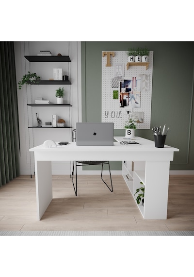 Robinhome Robin Home Martin Kitaplık Raflı Çalışma Masası L Ofis Masası Bey Beyaz