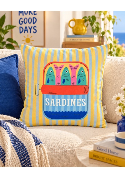 Akdeniz Esintili Retro Balık Desenli Kırlent Kılıfı - 45x45 Cm Çift Taraflı Çok Renkli