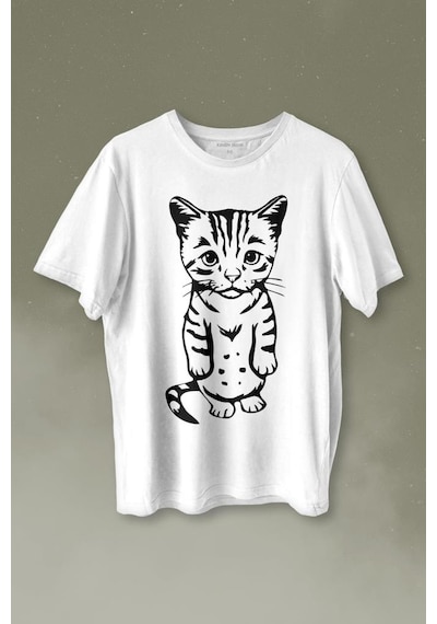 Sevimli Minik Patili Bıyıklı Cat Minnoş Mahçup Üzgün Kedi Baskılı Tişört Unisex T-shirt 001