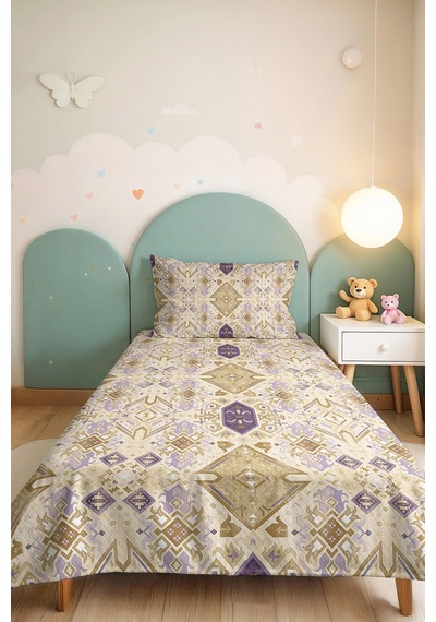 Geometrik Bohem Bej Genç Odası Tek Kişilik Pike Takımı - Lila Etnik 160x220 Cm Kapitone Yatak Örtüsü Naif Koru Işıltısı