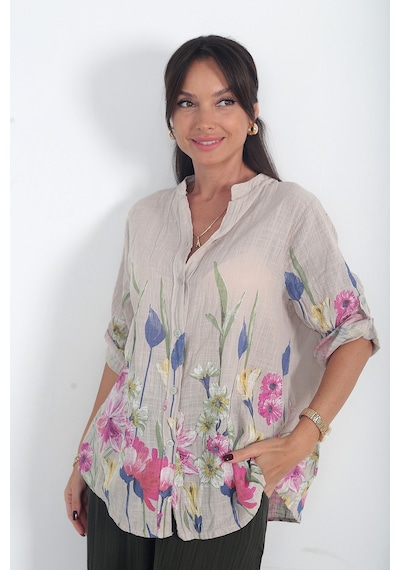 By Saygı Kadın İtalyan Etek Uçları Ve Kolları Büyük Çiçekli Oversize Cotton Gömlek Bej