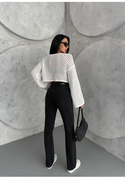 Kadın Straight Jean Yırtık Detaylı Ara Bel Boru Paça Kot Pantolon Füme Siyah+füme