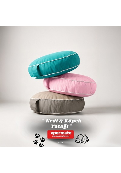 Xpermate Fermuarlı Kedi ve Köpek Minderi Yuvarlak Kedi Minderi Yıkanabilir Kedi Köpek Yatağı Bej - Gri