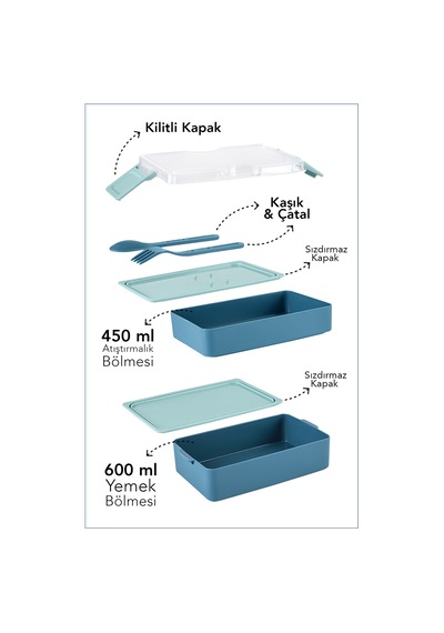 2 Katlı Kilitli Beslenme Kabı - Kendinden Çatal Kaşıklı Lunch Box Beslenme Kutusu Saklama Kabı Mavi