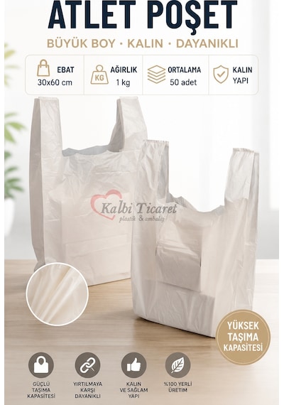 Kalbi Ticaret Kırık Beyaz Poşet Kalın Atlet Poşet Büyük Boy 1 KG