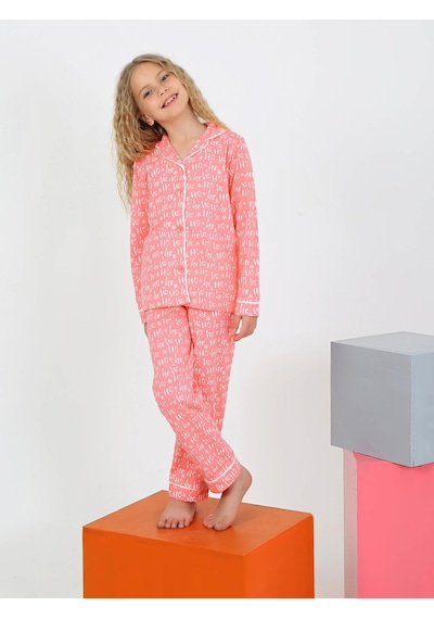 Düğmeli Kız Uzun Kollu 'hoho' Model Pijama Takımı Pembe