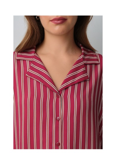 Suwen Siamore Gömlek Yaka Pijama Takımı Wsh105101121357 Bordo Çizgili
