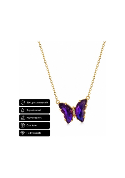 Mor Butterfly Taşlı 316l Paslanmaz Çelik Kolye Hediye Altın - Gümüş