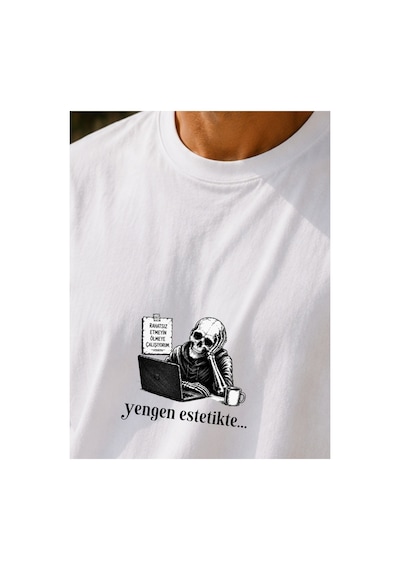 Qmen Style Unisex Beyaz Oversize Baskılı T-shirt Espirili Yengen Estetikte Baskılı %100 Pamuk