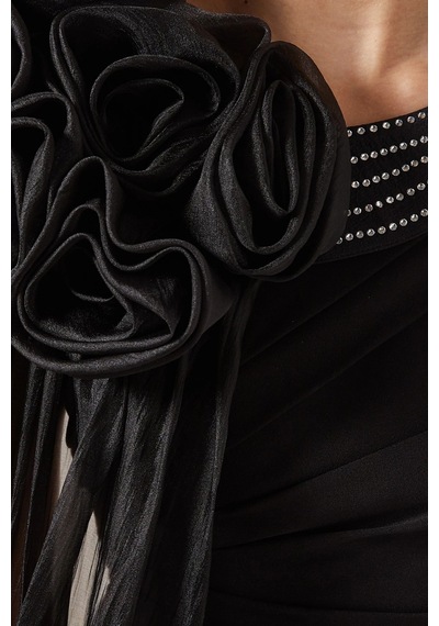 Ac By Aanchal Chanda Embellished Cape Saten - Şifon Işlemeli Pelerin Kollu Kadın Elbise Siyah
