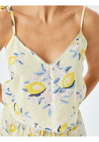 Koton V Yaka İnce Askılı Limon Baskılı Pamuklu Pijama Üstü Ekru Desenli 5slk90012mw Ekru Desenli