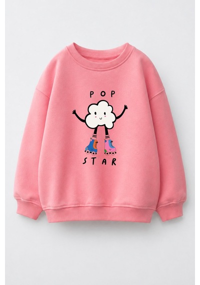Monila Kız Çocuk 3 İplik Kumaş Pamuklu Popcorn Baskılı Sweatshirt Pembe
