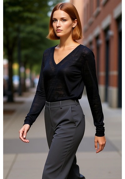 Ersefa Kadın Cool & Comfort Tarzı V Yaka Uzun Kollu Polyester Örme Bluz siyah