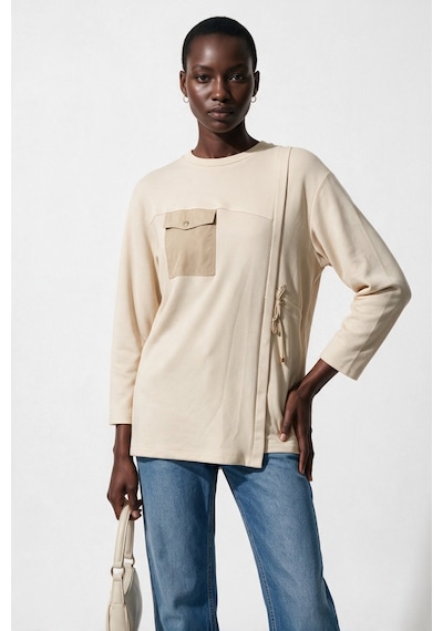 Scl Kadın Bisiklet Yaka Cepli Asimetrik Tasarım Uzun Kollu Sweatshirt Bej