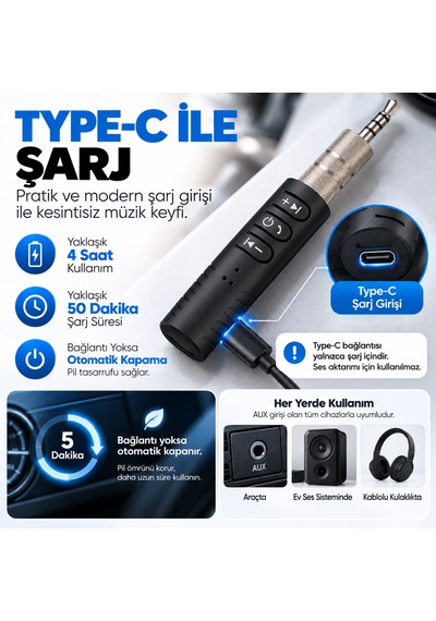 Bluetooth Aux Araç Kiti 5.0 3.5 Mm Adaptör Type-c Şarjlı Mikrofonlu