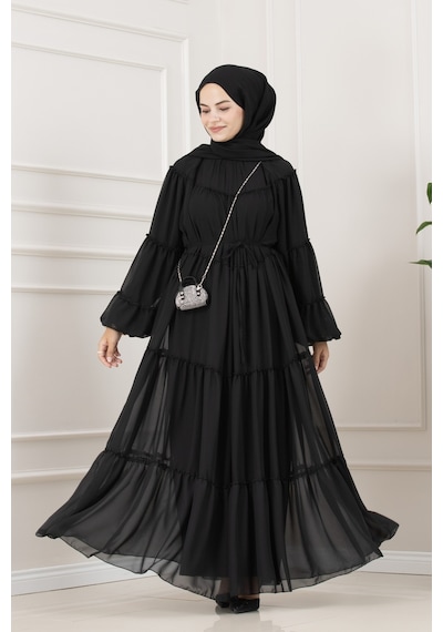 Sevitli Robalı Manolya Şifon Elbise-siyah-5788