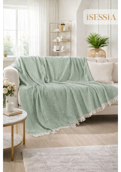 Miora Zigzak Desenli Bohem Koltuk Örtüsü Tekli & Üçlü Koltuk 200 X 230 Cm Yeşil