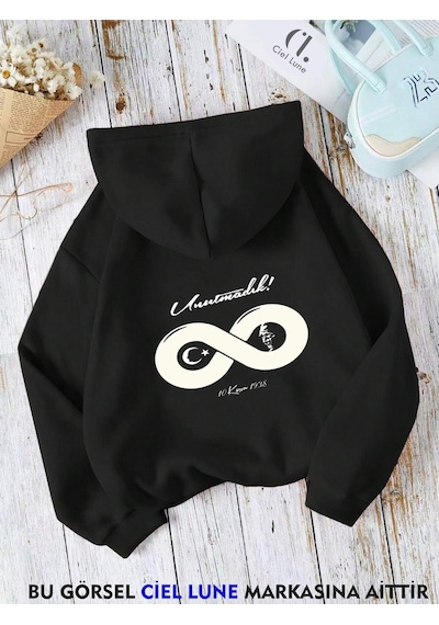 Nevermind Unisex 10 Kasım Unutmadık Baskılı Oversize Baskılı Kapşonlu Sweat Siyah