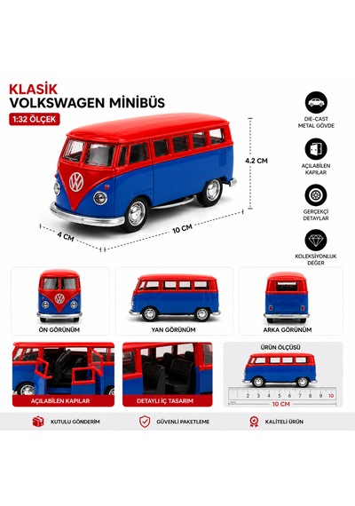 Klasik Volkswagen Minibüs Model Araba 1:32 Ölçek Die-cast Metal Açılabilir Kapılar 10 Cm Kırmızı - Mavi