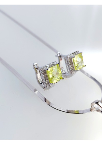 925 Ayar Gümüş Zebercet Peridot Doğal Taşlı Baget Tasarım Kadın Mücevher Set Kolye Küpe S.258