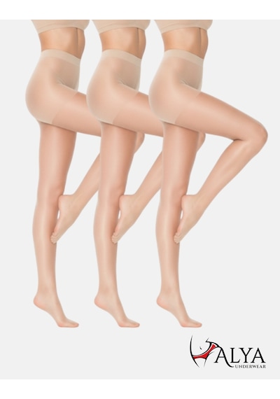 Alya Underwear Kadın Külotlu Çorap, Parlak İnce, 15 Den, Fit, 3'lü Paket Açık Ten 51 3'lü