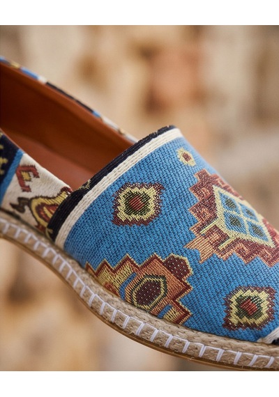 Futsishoes Vıola Mavi Hakiki Deri Kilim Desenli Kadın Etnik Desen Espadril Ayakkabı