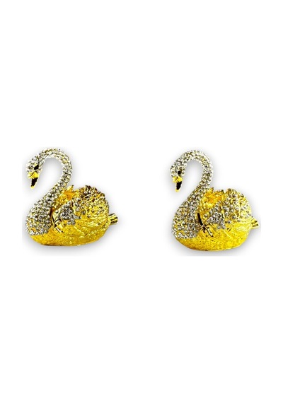 Zarif Taşlı 2'li Kuğu Figürü Dekoratif Hediyelik Biblo 9x5 CM Gold