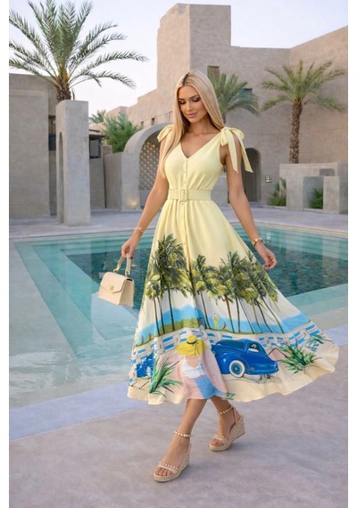 Asprinfashion Palmiye Baskılı Kemerli Elbise Mavi Sarı
