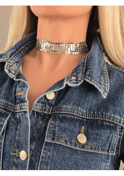 Arpa Pul Payet Zırh Metal Model Gümüş Choker Kolye Silver Çok Renkli